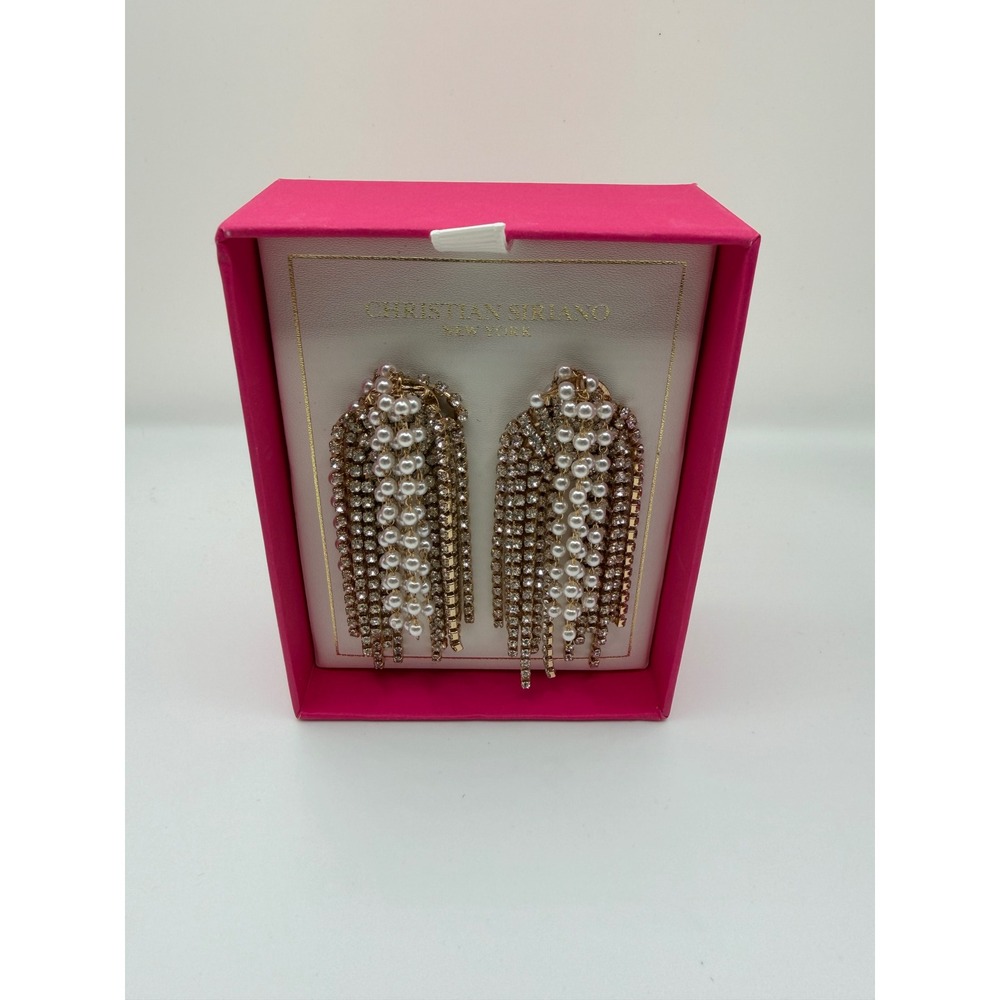 Christian Siriano New York Pearl Rhinestone Fringe Statement Earrings Gold Tone